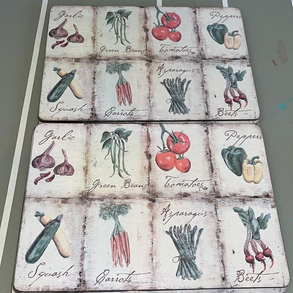 Two (2) used Retro Vegetable garden corked backed hard dinner table Placemats